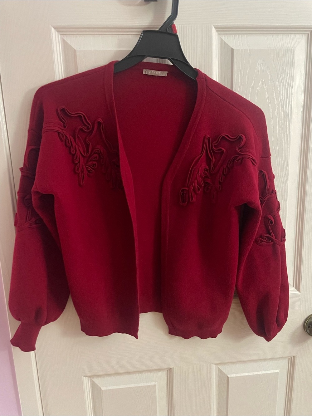 Embroidered Open-Front Cardigan in Deep Red